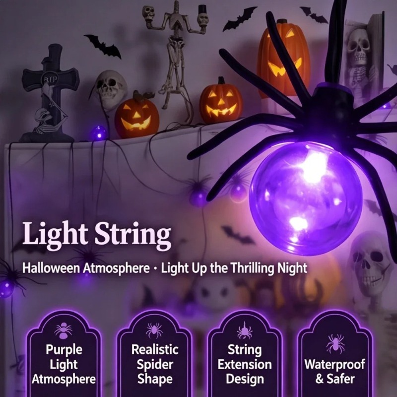 Outdoor Power For Lights - Batteriebetriebene Spinnen-LED-Lichterkette, Halloween-Außendekoration für Garten und