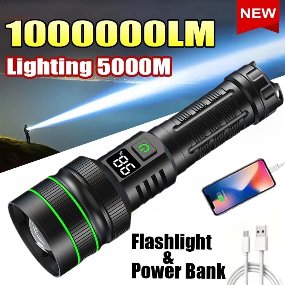Outdoor Power For Lights - Leistungsstarke LED-Taschenlampe, zoombar, wiederaufladbar über Typ-C,